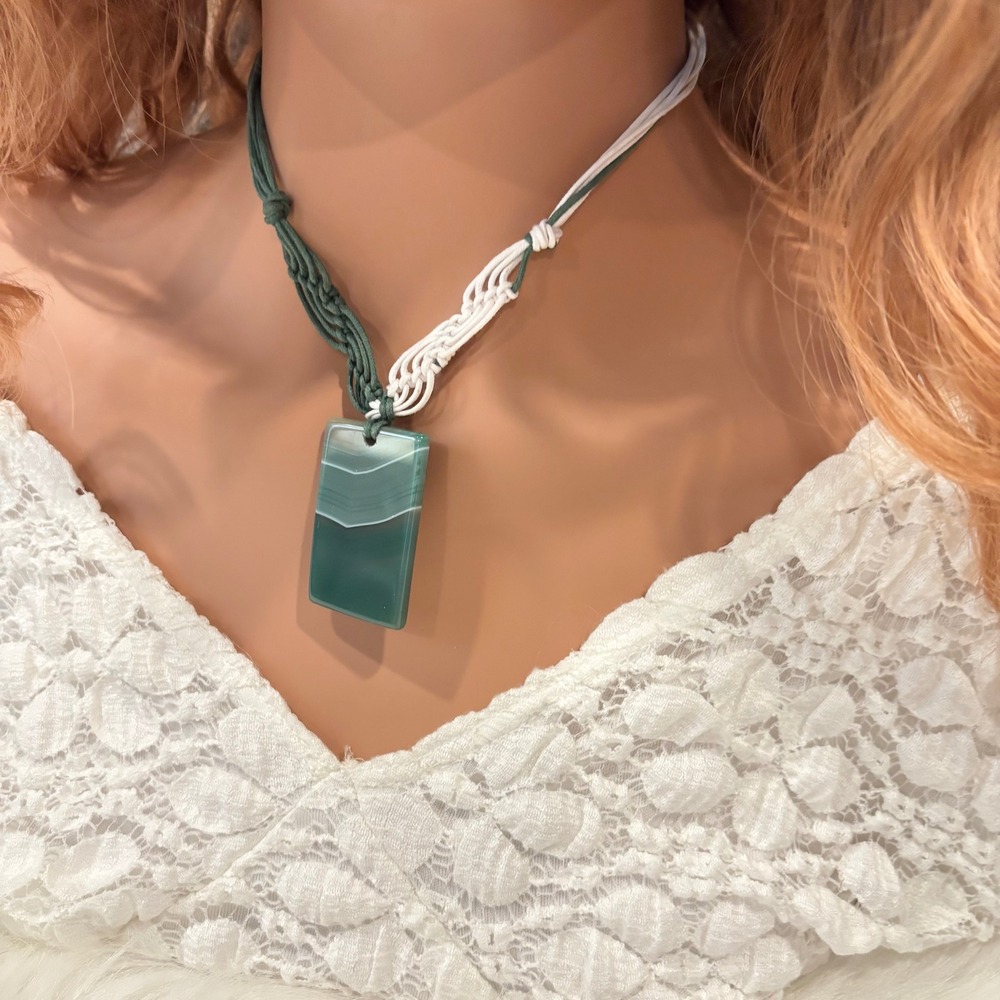 Coastal Necklace Banded Agate Rectangle Two-Tone Cord Geometric Minimalist 20673